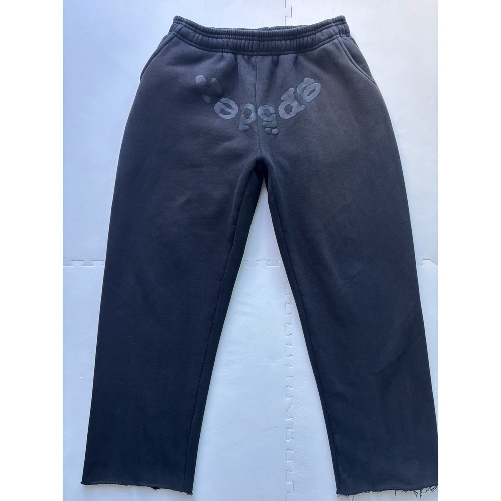 SP5DER Sweatpants Mens Womens Wide Leg Raw Hem Young Thug- Size M Black on Black